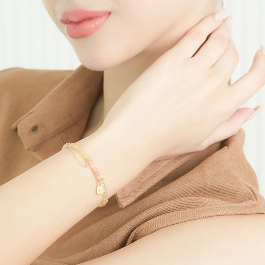 WEALTHY & FORTUNATE - Gold Rutilated Quartz with Ji Character - Jí (Bracelet)