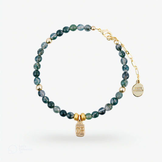 WEALTHY & FORTUNATE - Green Agate with Fu Character - Fú (Bracelet)